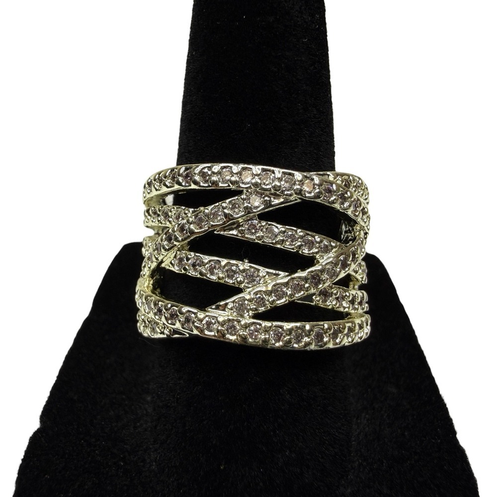 Fashion Pave Crystal Criss Cross Wide Band Statement Ring Silver Tone Size 7